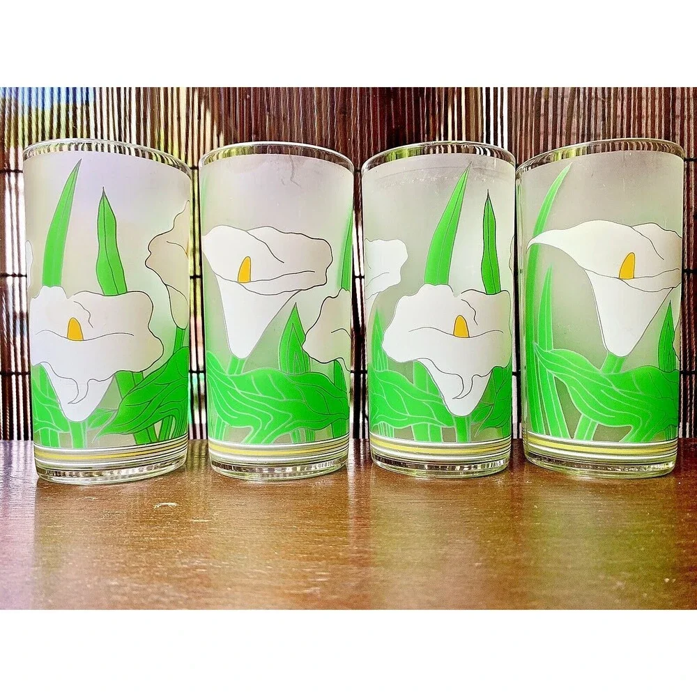 VTG Calla Lily Frosted Tumblers 4 Set 1980s Splash Ware Acrylic Cups 16 oz Retro